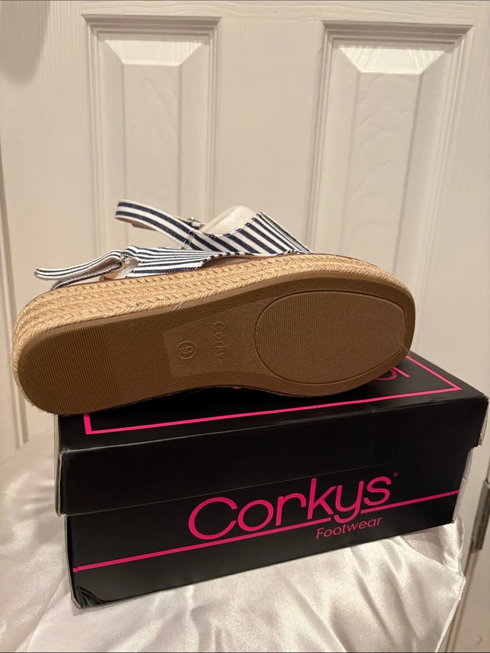 Corkys Navy and White Striped Espadrille Wedge Sandals
